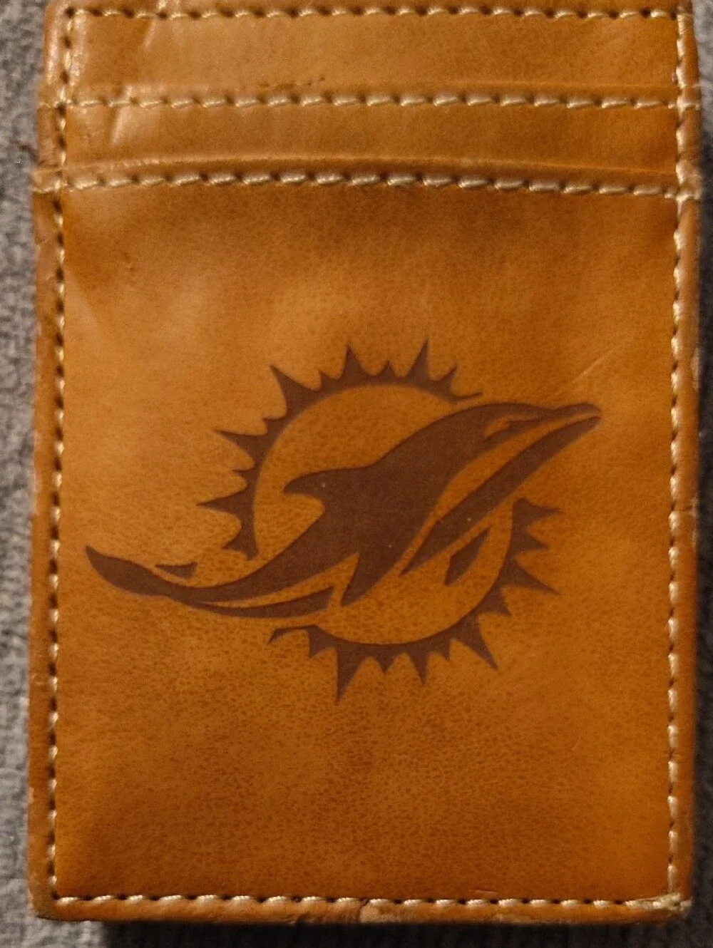 Leather Card Wallet with Dolphin Sun Logo - Tan